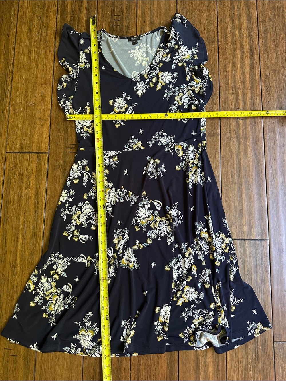 Ann Taylor Factory Navy Floral Midi Dress with Scoop Neck and Flutter Sleeves